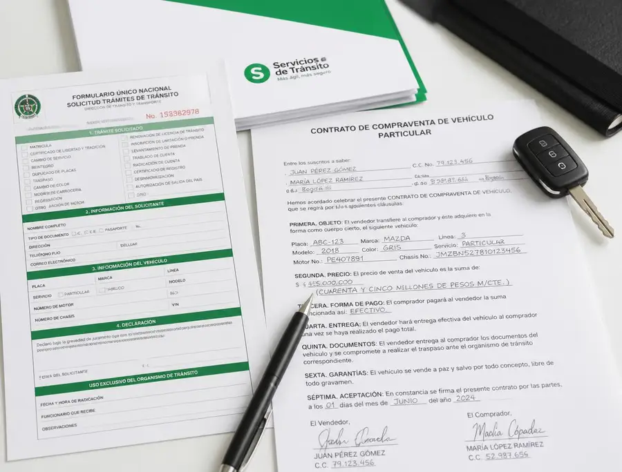 Formatos de trámites de tránsito y contrato de compraventa de vehículo impresos en Bogotá