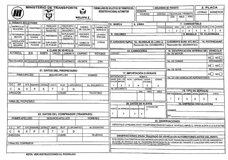 Vista previa de la primera página del formulario de solicitud de trámites (runt) en PDF